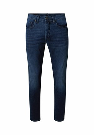 Donkerblauwe slim-fit jeans met vijf zakken, knoopsluiting en subtiele vervaging op dijen en knieën.