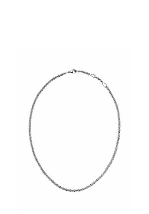 Silberne Halskette mit einem gedrehten Drahtdesign, ausgestattet mit einem Karabinerschluss und einer glatten, glänzenden Oberfläche über ihre gesamte Länge.