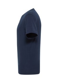 Navy blue short-sleeve crew neck t-shirt shown from the side on a white background.