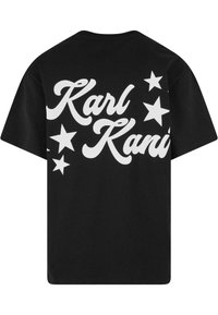 Black cotton t-shirt featuring a large white graphic of "Karl Kani" surrounded by white stars on the back. Short sleeves and relaxed fit.
