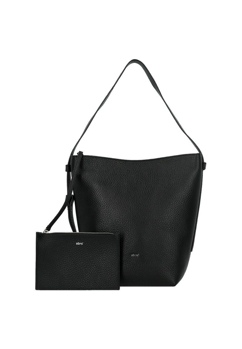 Borsa a secchiello in pelle nera con finitura testurizzata e pochette coordinata removibile. La borsa presenta una tracolla singola e hardware minimale.