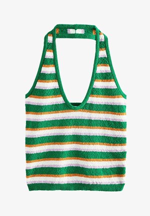 Haut sans manches en tricot rayé vert, blanc, orange et violet clair avec un col en V profond et des bretelles style halter.