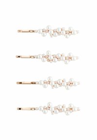 Set von vier Haarnadeln mit einer goldfarbenen Metallbasis und weißen, perlenartigen Beads, die in Gruppen angeordnet sind und in Größe und Platzierung variieren.