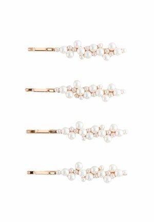 Set of four hairpins featuring a gold-colored metal base with white pearl-like beads arranged in clusters, varying in size and placement.