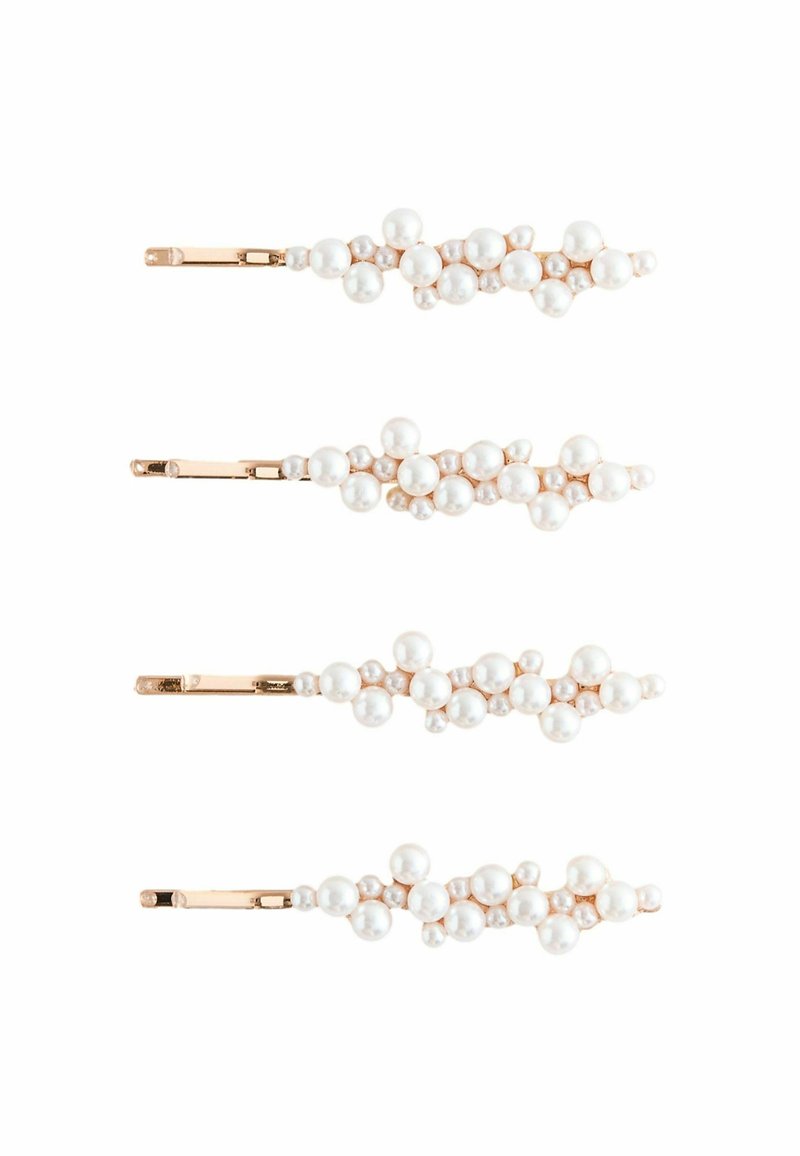 Set von vier Haarnadeln mit einer goldfarbenen Metallbasis und weißen, perlenartigen Beads, die in Gruppen angeordnet sind und in Größe und Platzierung variieren.