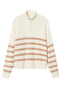 Pull crème à col haut, avec fermeture éclair half-zip et rayures horizontales beiges. Texture côtelée et coupe décontractée.