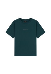 Teal katoenen t-shirt met een ronde hals, korte mouwen en een klein "TOMORROWLAND" logo in het wit gedrukt op de voorkant.