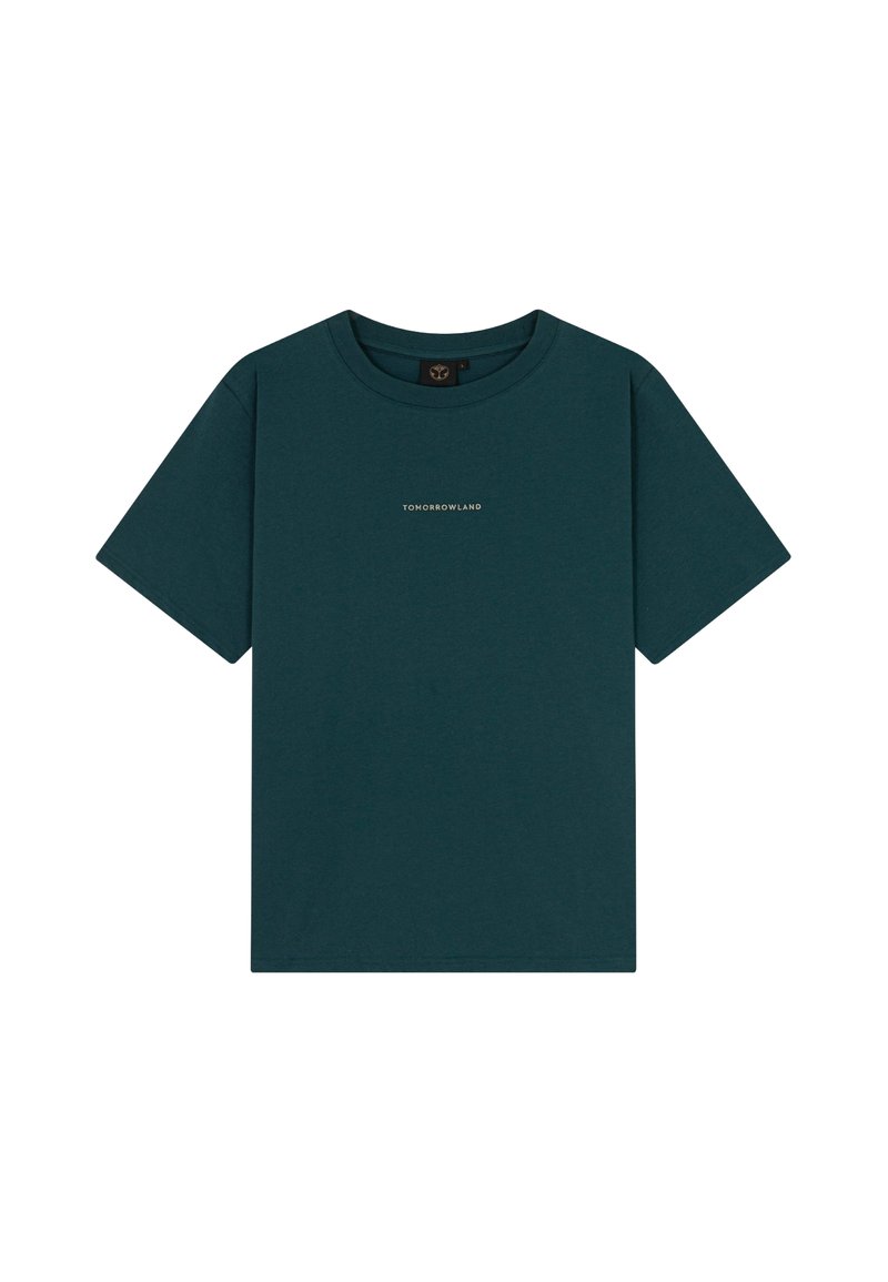 Teal katoenen t-shirt met een ronde hals, korte mouwen en een klein "TOMORROWLAND" logo in het wit gedrukt op de voorkant.