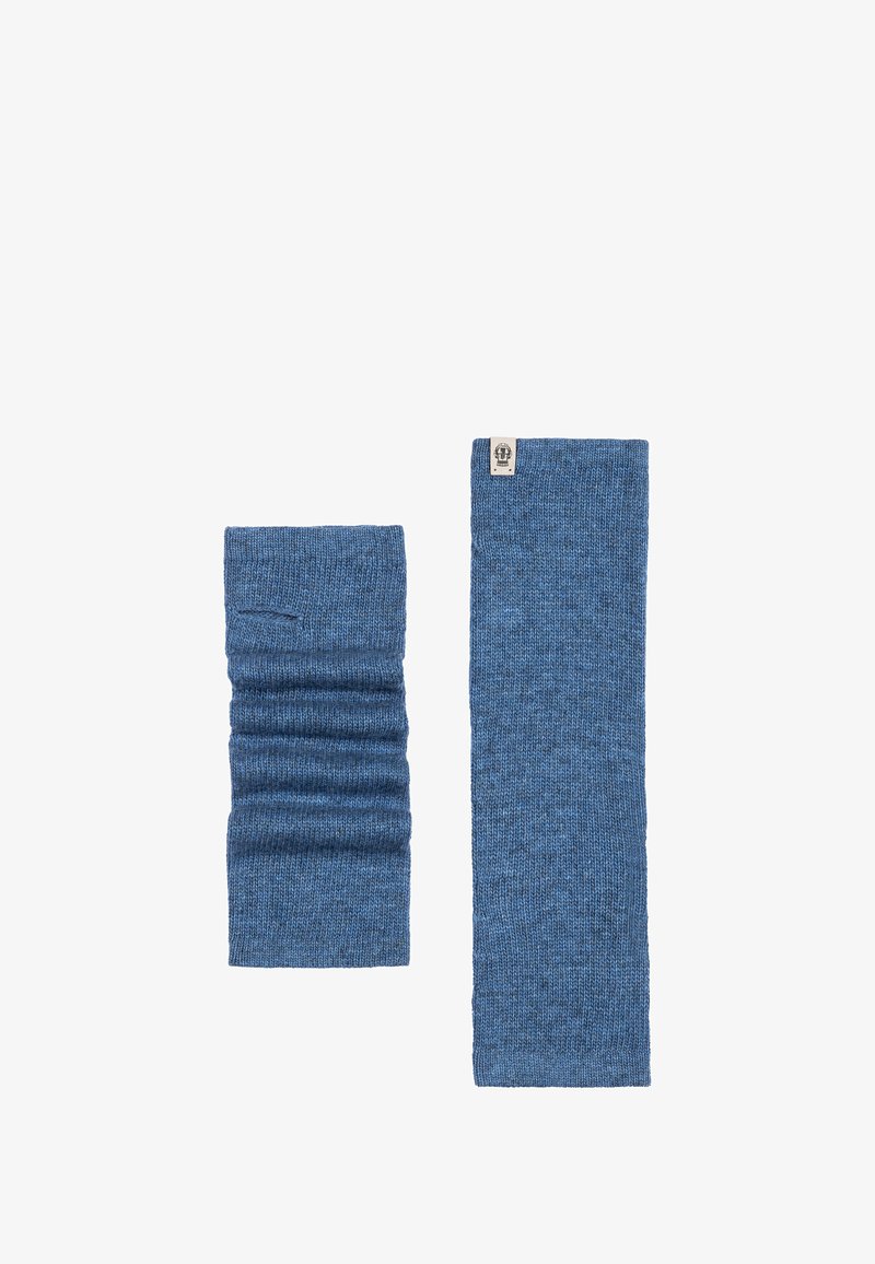 Blue knitted neck warmer set, one cylindrical with gathered texture and the other flat, both featuring a small label, made from soft fabric.