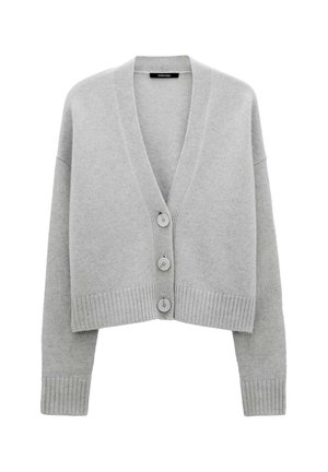 Cardigan corto grigio chiaro realizzato in morbido tessuto. Presenta un profondo scollo a V, quattro bottoni e polsini e orlo a costine.