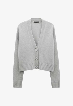 Hellgraue, taillierte Strickjacke aus weichem Material. Merkmale sind ein tiefes V-Ausschnitt, vier Knöpfe sowie gerippte Bündchen und Saum.