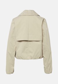 Giacca corta beige con maniche lunghe, ampio colletto e dettaglio del giogo posteriore, caratterizzata da un orlo elasticizzato leggermente arricciato.