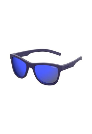 Lunettes de soleil à verres miroirs bleus avec monture rectangulaire bleu foncé et branches légèrement courbées.