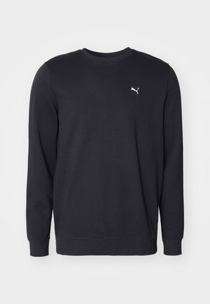 Black sweatshirt made of cotton blend. Features a round neckline and long sleeves. Small white logo on the left chest. Simple design.