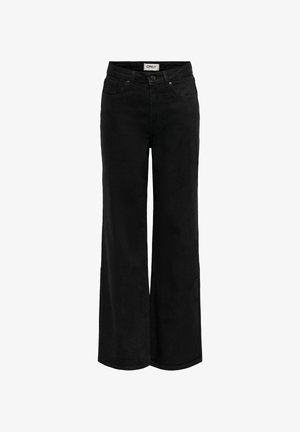 Schwarze, hoch taillierte Jeans mit weitem Bein, vorne mit Knopf und Reißverschluss, Gürtelschlaufen sowie Vorder- und Gesäßtaschen.