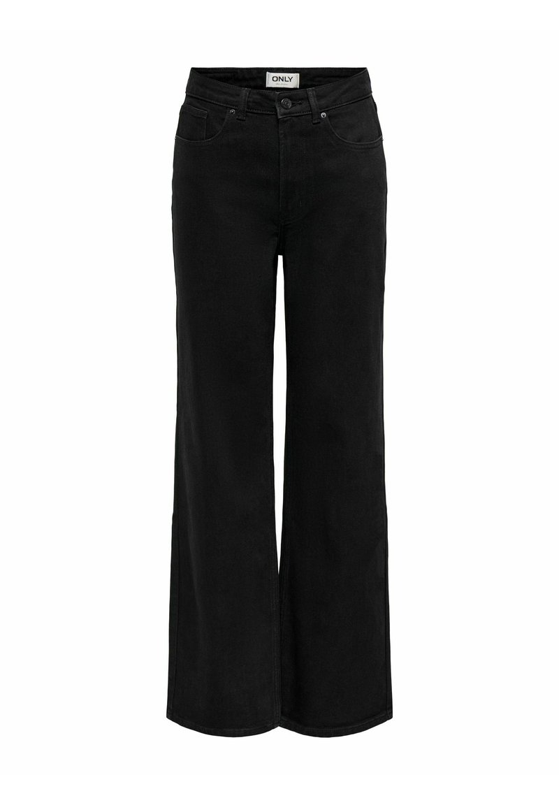 Jean noir à taille haute et jambes larges, avec bouton et fermeture éclair à l'avant, passants pour ceinture, ainsi que poches avant et arrière.