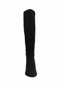 Botte noire jusqu'au genou en daim doux, avec un design ajusté et un bout rond. Texture lisse sans aucune quincaillerie ou motifs visibles.