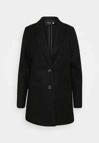 Blazer da donna nero su misura con revers, due bottoni e due tasche frontali, esposto su uno sfondo bianco.