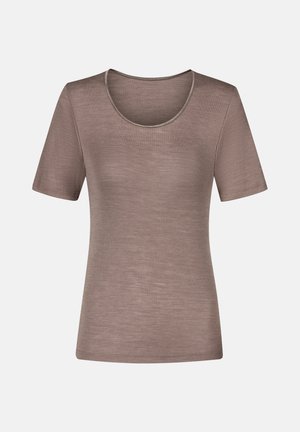 Brown short-sleeve T-shirt with a scoop neck, made of lightweight, textured fabric, featuring a smooth finish and a fitted silhouette.