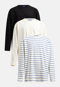 Long-sleeve t-shirts in black, cream, and white with blue stripes. Soft cotton fabric; round necklines; relaxed fit; minimal branding.