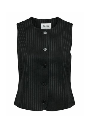 Gilet senza maniche di colore nero con righe bianche verticali, colletto rotondo e cinque bottoni neri lungo la parte frontale. Tessuto di consistenza liscia.