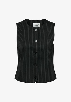Zwarte mouwloze vest met verticale witte strepen, ronde halslijn en vijf zwarte knopen aan de voorkant. Gladde stofstructuur.