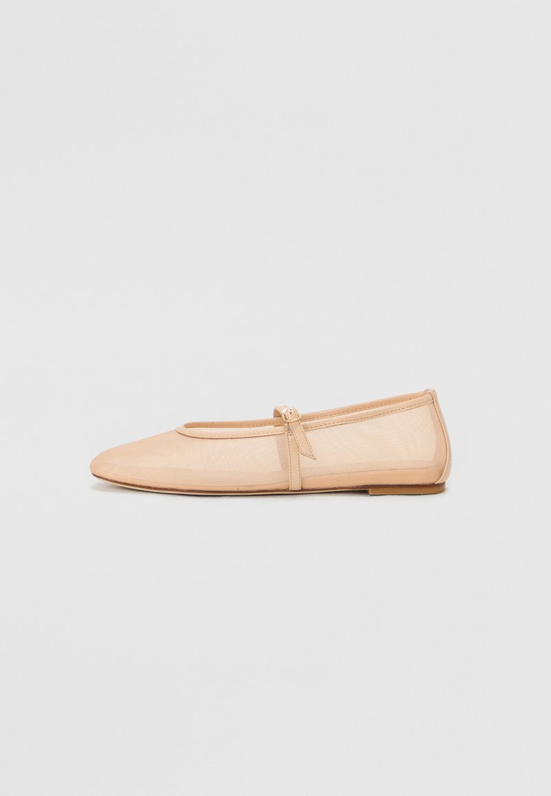 Beige ballerina flat made of smooth material with a rounded toe and small bow detail on the front; thin, flat sole; minimal design.