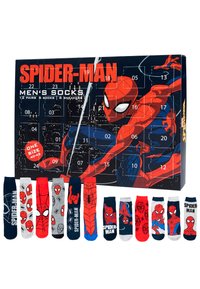 Set di calzini da uomo di Spider-Man confezionato in una scatola regalo. Include 12 paia con vari design, tra cui motivi dei personaggi e colori vivaci. Taglia unica 40-45.