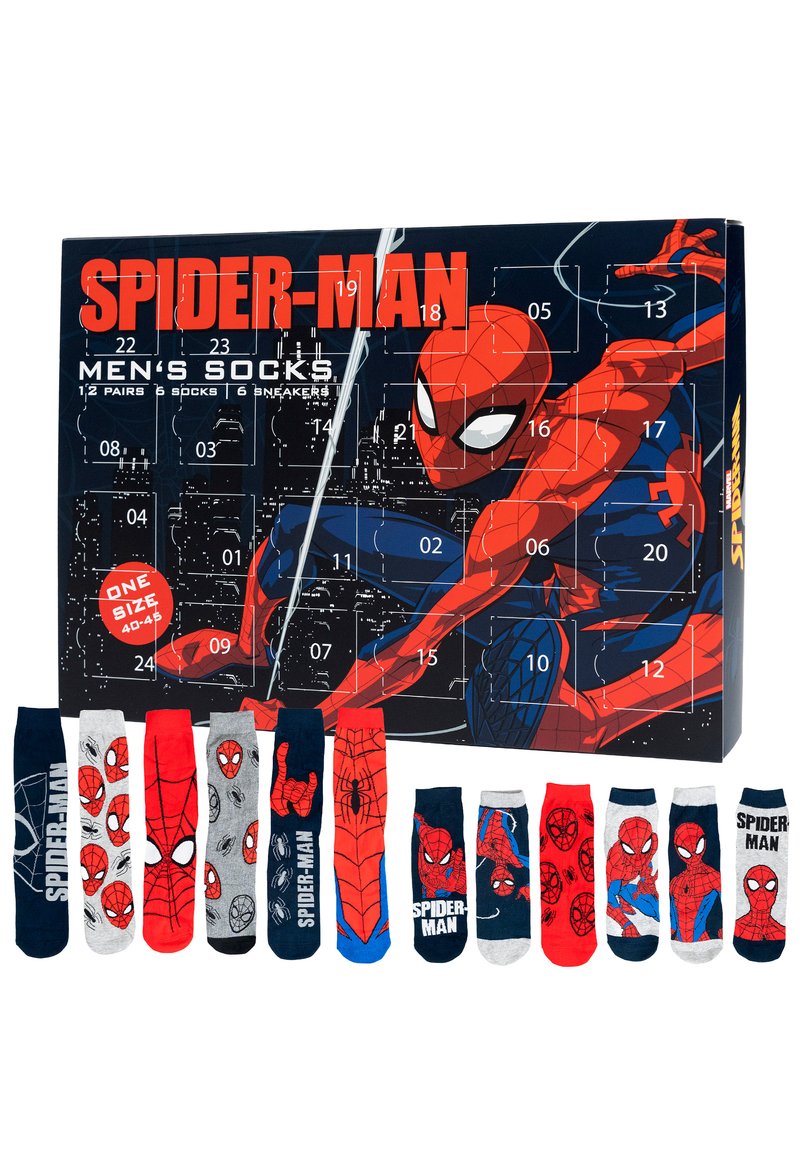 Set di calzini da uomo di Spider-Man confezionato in una scatola regalo. Include 12 paia con vari design, tra cui motivi dei personaggi e colori vivaci. Taglia unica 40-45.