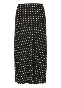 Jupe noire à pois crème, longueur genou, en tissu léger, avec une taille élastique et une silhouette fluide.