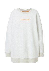 Felpa oversize grigia chiara con collo a giro. Presenta la scritta ricamata arancione "COOL & KIND" sul davanti. Polsini e orlo a coste.