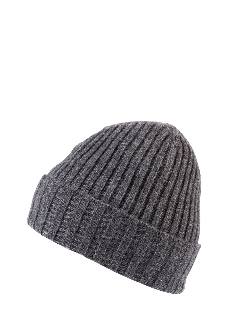 Dark gray ribbed knit beanie with folded cuff, displayed against a white background.