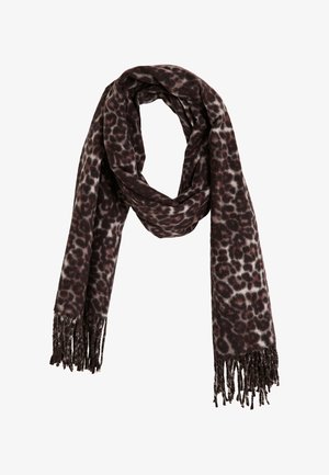 Bufanda de estampado de leopardo en marrón y crema, con bordes flecados y textura suave, diseñada para brindar calidez y estilo.