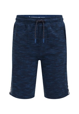 Mørkeblå atletikshorts med et subtilt meleret mønster, snøre i taljen og sidelommer vist mod en hvid baggrund.