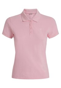 Camisa polo rosa hecha de algodón, con cuello, mangas cortas, tapeta de cinco botones y sutil logo triangular en el pecho.
