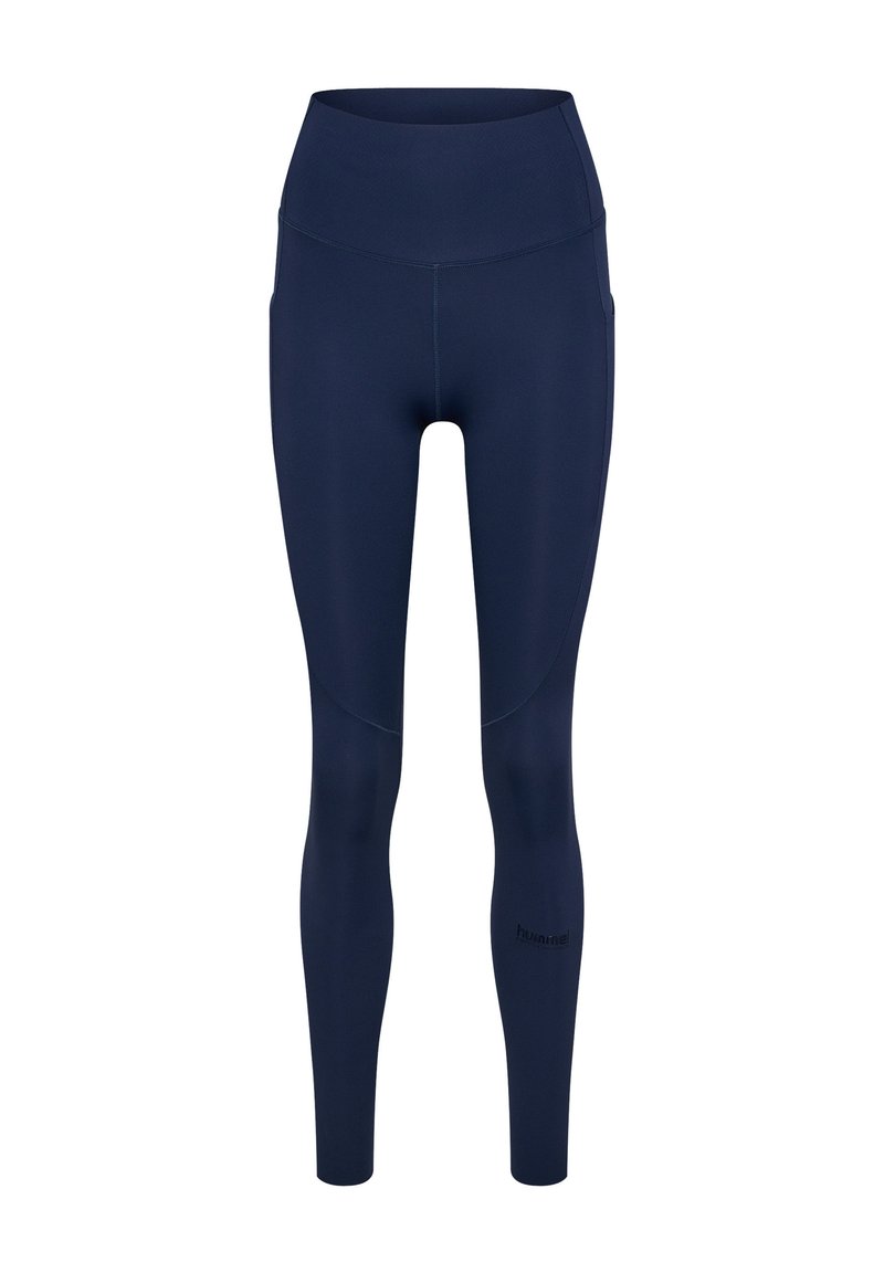 Mörkblå leggings i stretchtyg, hög midja, med sidofickor, slät textur och figurnära passform.