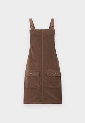 Brune corduroy overallkjole med justerbare stropper, to frontlommer, og en sentral søm. Teksturert stoff med et mykt utseende.