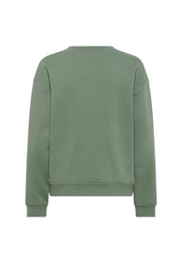 Sweatshirt vert avec col rond, manches longues et poignets côtelés. Fabriqué en coton doux avec une texture lisse. Design simple, sans motifs.