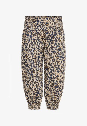 Pantalons imprimé léopard en beige, avec des taches bleu foncé et marron, taille élastique et poignets froncés aux chevilles pour un ajustement décontracté.