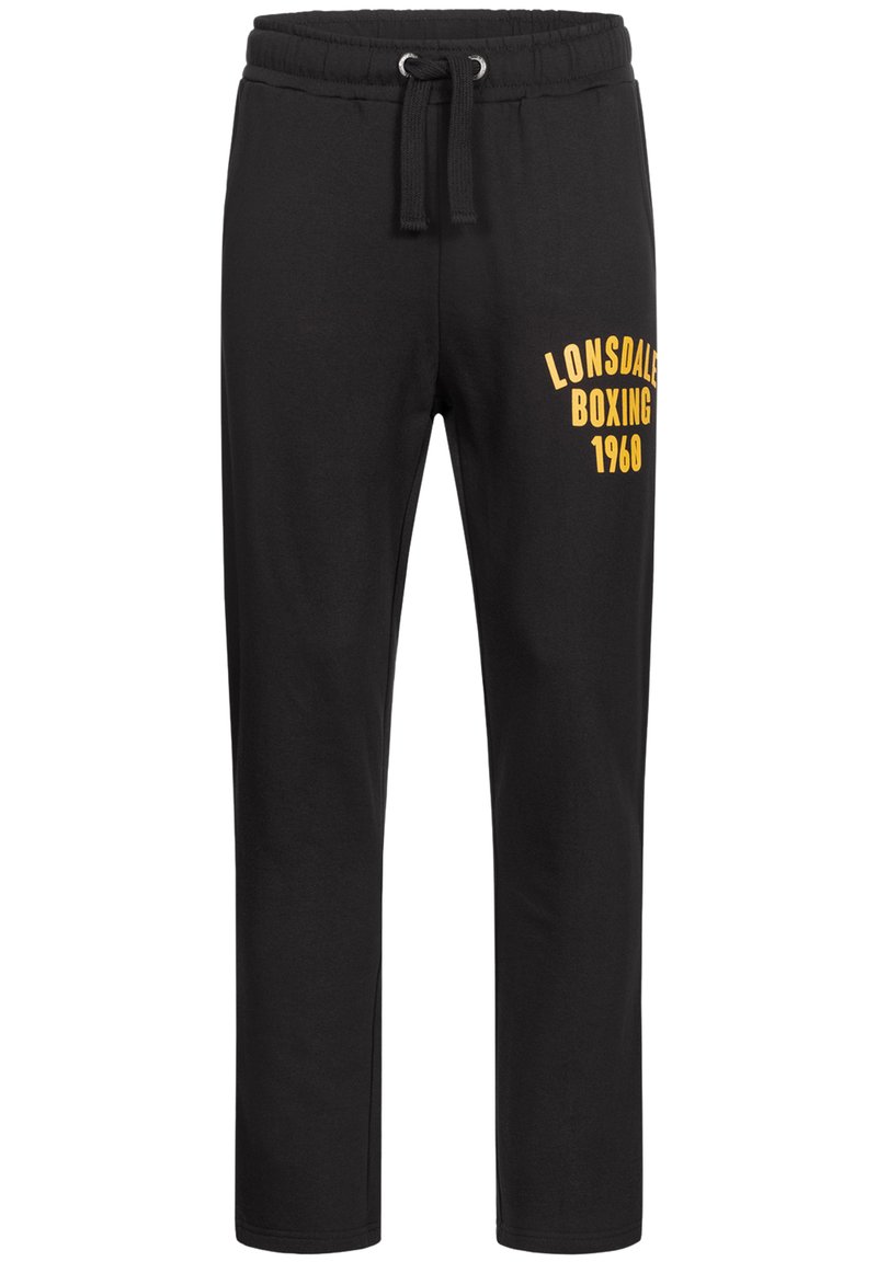 Melnas sporta bikses, kas izgatavotas no mīksta auduma, ar elastīgu jostu un auklām, un dzeltenu "Lonsdale Boxing 1960" logo izdruku sānos.