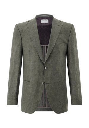 Einreihiger olivgrüner Blazer mit zwei Knöpfen, Kerbkragen, aufgesetzten Fronttaschen und gemustertem dunklem Innenfutter.