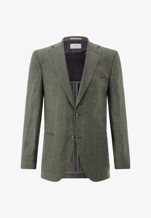 Einreihiger olivgrüner Blazer mit zwei Knöpfen, Kerbkragen, aufgesetzten Fronttaschen und gemustertem dunklem Innenfutter.
