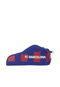 Granatowo-czerwony worek FC Barcelona, zapinany na zamek, z logo i paskowanym wzorem. Gładka tekstura z pętlą na brelok do przymocowania.