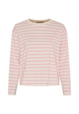 Langærmet bomuldsskjorte med lyserøde og hvide vandrette striber, rund halsudskæring og en afslappet pasform.