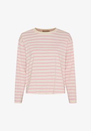 Langærmet bomuldsskjorte med lyserøde og hvide vandrette striber, rund halsudskæring og en afslappet pasform.