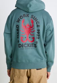 Sudadera con capucha verde con bolsillo frontal tipo canguro, con un gran gráfico de una langosta roja y texto en la espalda. Material suave, mezcla de algodón.