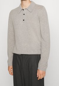 Maglione grigio chiaro a maglia con collo a camicia, tre bottoni neri, maniche lunghe e una consistenza morbida. Abbinato a pantaloni neri eleganti.