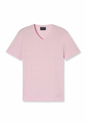 Kurzarm, V-Ausschnitt T-Shirt in zartem Rosa, aus weichem Stoff mit strukturierter Oberfläche. Etikett am Ausschnitt sichtbar.