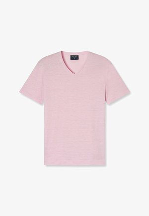 Korte mouwen, V-hals t-shirt in lichtroze, gemaakt van zachte stof met een textuurafwerking. Etiket zichtbaar bij de hals.