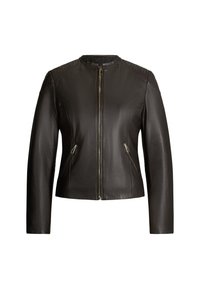 Schwarze Lederjacke mit taillierter Passform, geradem Schnitt, rundem Ausschnitt, gesteppten Schulterakzenten und zwei Reißverschluss-Vordertaschen.